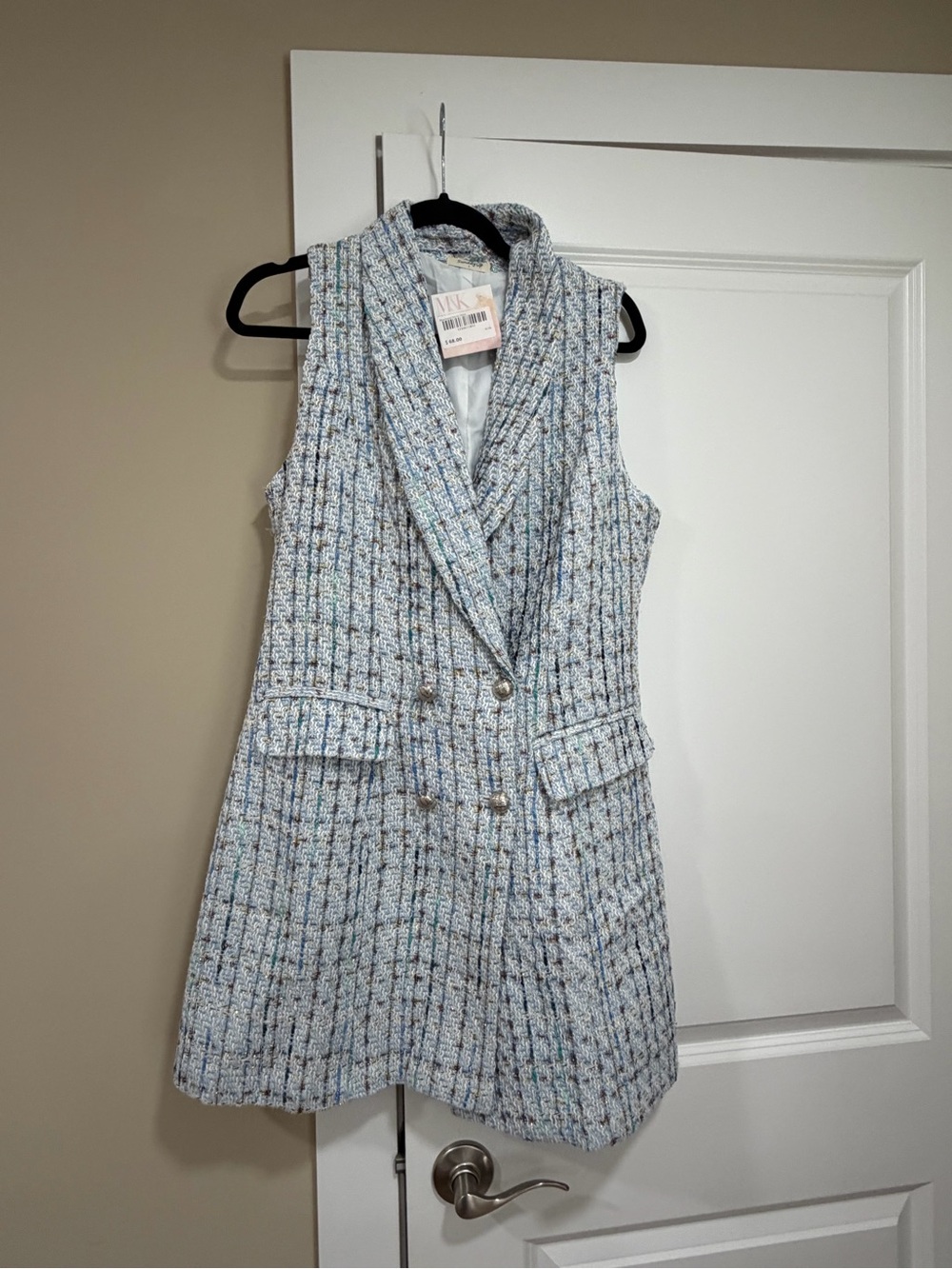 sundays Sleeveless Tweed Vest Dress - Light Blue Multi